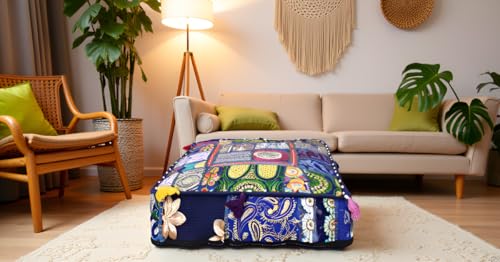 CRAFT KALA Indian Square Patchwork Traditional Pouf Cover Indian Living Room Poufs Decorative Embroidered Designer Ottoman Home Living Footstool Chair Cover Decor Pillow Cover 18x18x5 inches, Blue - color: Blue, size: 18"D x 18"W x 5"H