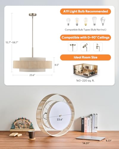 VONLUCE 23.6" Boho Rattan Chandelier, 6-Light Drum Chandelier with 3-Tier Woven Lampshade, Rattan Ceiling Light for Dining Room Bedroom Living Room with E26 Sockets, Nickel Finish, ETL Certified - color: Nickel, size: 24inch