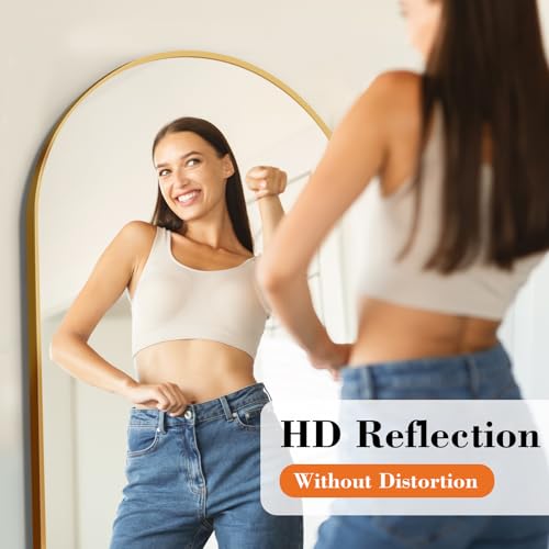 DUMOS 64"x21" Arched Full Length Mirror with Stand, Floor Body Mirror Shatter-proorf Nano Glass with Aluminum Frame, Free Standing or Hanging Leaning Modern Simple Home Decor, Gold - color: Gold-rounded, size: 64"L x 21"W