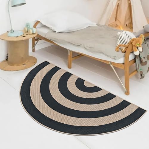 Faux Jute Rug 2.6x5Ft Half Circle Rainbow Doormat Easy Jute Carpet for Farmhouse Bedroom Kitchen, Non-Slip Half Round Neutral Floor Mat for Living Room Kids Room Indoor Outdoor Decor, Black 2 - color: Black 2, size: 2.6'x5'