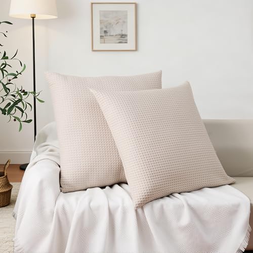 Shunjie.Home 100% Cotton Waffle Weave Throw Pillow Covers Set of 2, 600TC Solid Reverse Side, Hidden Zipper Closure, Skin-Friendly & Durable Decorative Euro Shams for Couch Sofa Bed, Khaki, 20"x20" - color: Khaki, size: 20" x 20" (Pack of 2)