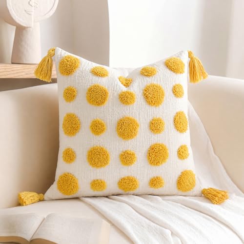PANOD Super Soft Farmhouse Decorative Plush Throw Pillow Covers 20 x 20 Yellow,Solid Pom pom Tufted with Tassels Modern Accent Boho Square Cushion Cover Pillow Case for Couch Sofa - color: Yellow, size: 20" x 20" (Pack of 1)