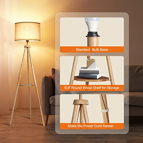OUTON Wood Tripod Floor Lamp with Shelves, Mid Century Floor Lamp with Remote Control,4 Color Temperature, LED Modern Dimmable Standing Lamp with Beige Linen Shade for Living Room, Bedroom, Office - color: Wood