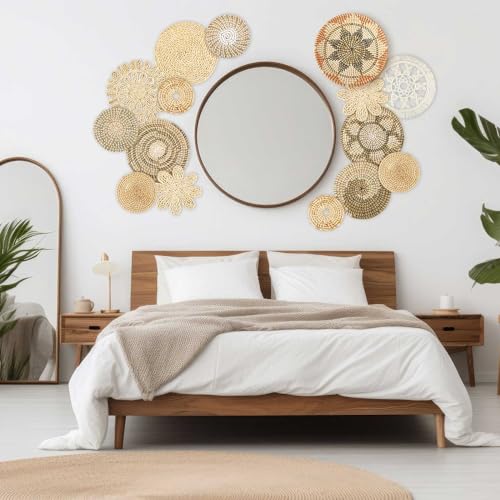 Xuhal 15 Pcs Boho Wall Basket Decor Handcrafted Seagrass Woven Wall Basket Rustic Round Woven Hanging Art for Home Farmhouse Kitchen Table Living Room(Classic Style) - style: Classic