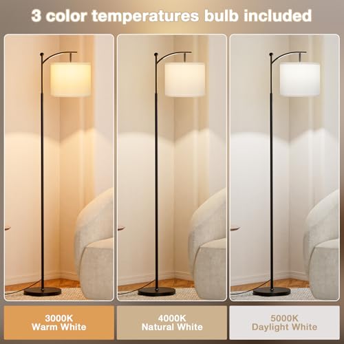 Ambimall 60" Floor Lamp with 3 Color Temperatures, Adjustable White Shade, Black Pole - Tall Lamp for Living Room, Bedroom, Office, Classroom, Dorm - 9W Bulb Included - color: White & Black