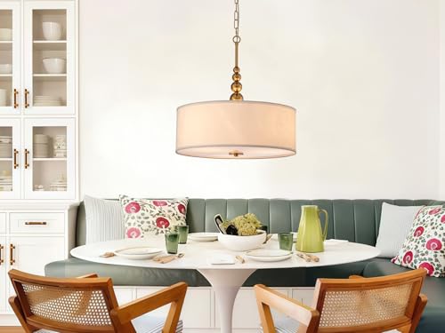 Shrine Lighting Drum Chandeliers, Farmhouse Style, Perfect Drum Pendant Light for Dining Room, D20'' x H8'', Adjustable Chains 59'', E26*3 Sockets, White Linen Fabric Lampshade & Gold Rod - color: Gold Rod&White Shade D20''
