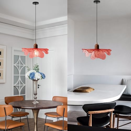 Modern Flower Pendant Light Fixture 13" Glass Hanging Light Wooden Chandelier Red Adjustable Pendant Lighting for Bedroom Dining Room Entryway - color: Red, 1 Light
