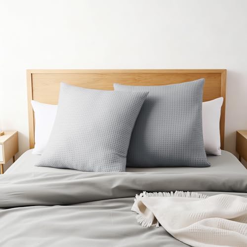 Shunjie.Home 100% Cotton Waffle Weave Throw Pillow Covers Set of 2, 600TC Solid Reverse Side, Hidden Zipper Closure, Skin-Friendly & Durable Decorative Euro Shams for Couch Sofa Bed, Gray, 26"x26" - color: Gray, size: 26" x 26" (Pack of 2)