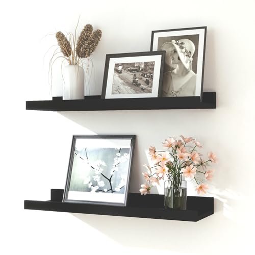 Black Floating Shelves for Wall Decor, Wall Mounted Wood Storage Shelf for Bedroom, Living Room, Bathroom, Kitchen, Nursery, Display Picture Ledge Shelf with Lip Set of 2-16 Inches, Black - color: Black, size: 15.8in