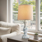 Seealle Farmhouse Table Lamps Set of 2 - Rustic Lamp for Bedroom Living Room, 22" Boho Bedside Lamps for Night Stands End Table Office Desk Lamp Nightstand Clearance with Linen Shades(Washed Blue) - color: D. Washed Blue