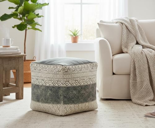 LR Home Pacifica Beige/Gray Large Ottoman Pouf for home decor | Tribal Hand-Woven Cotton Square pouf ottoman foot rest for bedroom & living room decor | 20 x 20 x 20 Ottoman Cube for Seating - color: Beige/Gray