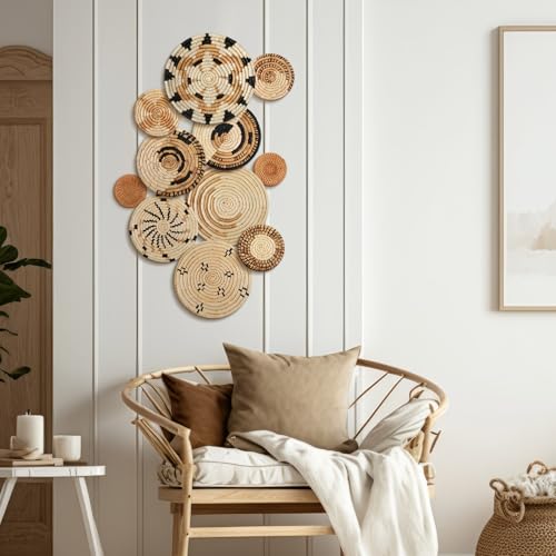 Tatuo 11 Pcs Boho Wall Basket Decor Bulrush Woven Wall Hanging Art Round Farmhouse Rustic Handmade Wicker for Summer Home, Bedroom, Living Room, Kitchen Decorations, Multi Sizes(Artistic) - style: Artistic