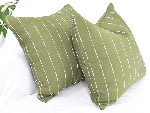 Cotton Pillow Covers 18x18 inches Olive Green/Woven Striped Pattern Contemporary Modern Luxury Cushion Covers Simple Throw Pillow Cases for Living Room Sofa Couch Bed Set of 2 - color: Olive Green, size: 18" x 18" (Pack of 2)