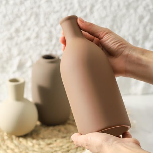 Ceramic Vases Set of 3, Modern Neutral Rustic Farmhouse Home Decor Pottery Pampas Decoration for Living Room, Table, Bathroom, Bedroom, Entryway - Brown - color: 006-brown