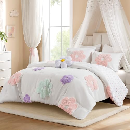 Intelligent Design Kids Full Comforter Set for Girls, Tufted Chenille Floral Comforter Set Queen, Lightweight Polka Dot Reversible Bed Set, Shams, Pillow, Gracie, Full/Queen White/Purple 4 Piece - color: White/Purple, size: F/Q Comforter