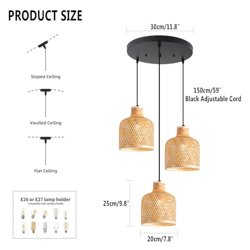 3-Light Bamboo Woven Pendant Light Boho Rattan Hanging Chandelier with Adjustable 59" Cord, Farmhouse Wicker Shade Ceiling Light Fixture for Dining Room Kitchen Island Living Room - color: Natural Wood Color