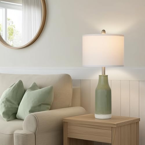 24.5" Ceramic Table Lamps Set of 2 for Bedroom, Sage Green Table Lamps for Living Room End Table, Small Farmhouse Bedside Lamps for Nightstands (2 LED Bulbs Included) - color: Sage Green - 24.5"H