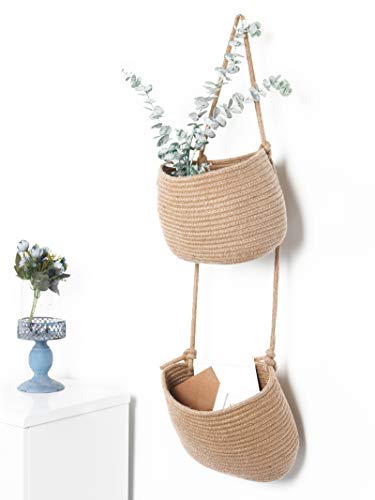 Over The Door Hanging Basket, 2 Tier Cotton Rope Woven Wall Basket, Magazine Racks Hanging Organizer, Decorative Hanging Storage Baskets for Organizing Living Room, Bathroom and Bedroom (Jute) - color: Jute