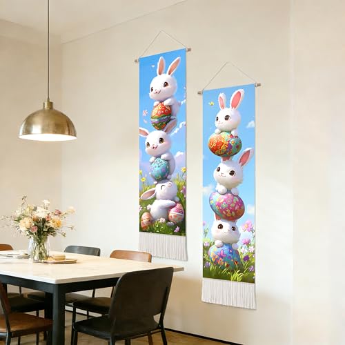 seewan 2 Pack Long Vertical Wall Tapestry, Boho Nature Landscape & Floral Aesthetic Wall Hanging for Bedroom Living Room Home Decor, Long Narrow Art Tapestry with Sunrise Mountain Botanical Designs, 13" × 51" (Cute Bunny Stack, 13"Wx51"H, Unframed) - colo