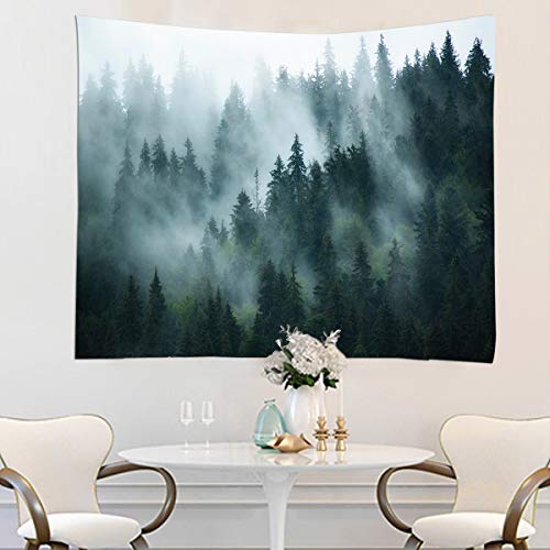 YISURE Forest Tapestry Wall Hanging Foggy Tree Tapestry Nature Misty Forest Mountain Wall Tapestries Woodland Landscape Backdrop for Dorm Room Living Home Office Large, Grey Green, 91(W) X71(L) Inch - size: 71"L x 91"W