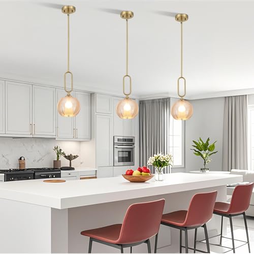Amber Glass Pendant Light Set of 2 Modern Globe Pendant Lighting Nordic Ribbed Gold Ceiling Hanging Chandelier with Brushed Brass Adjustable Rods Dining Room Kitchen Island Light Fixture - color: Gold-Amber 2 Pack