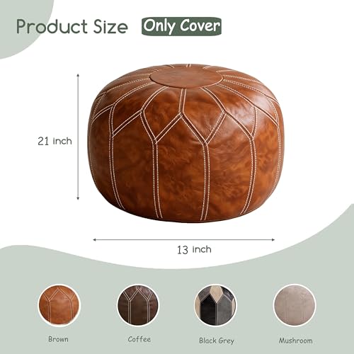 Thgonwid Round Unstuffed Pouf Cover, Faux Leather Storage Ottoman, Boho Moroccan Foot Stool, Multi-Purpose Home Decor for Living Room, Bedroom and Balcony, Brown, No Filling Included - color: Brown（no Stuffing）