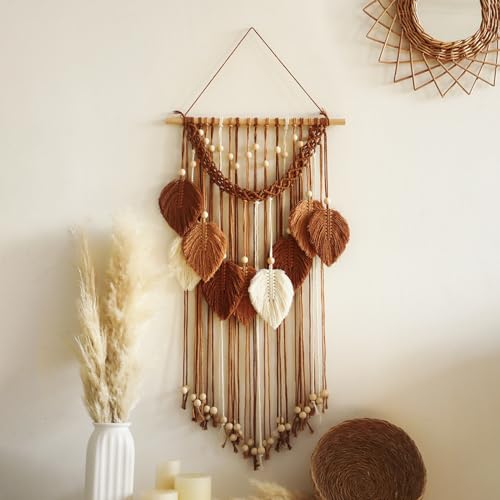 Artilady Macrame Wall Hanging -Handmade Leaf Wall Tapestry,Boho Decorations for Bedroom Living Room Bathroom,Earthy Room Decor Aesthetic,Wedding Birthday for Women Girls - color: Brown Orange