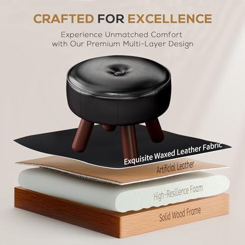 oakvivo 13in Small Foot Stool Ottoman, Round Faux Leather Foot Rest, Footstool Ottomans with Rubber Legs Under Desk, Footrest for Couch, Living Room, Bedroom, Office, 13''L x 13''W x 10.2''H, Black - color: Black