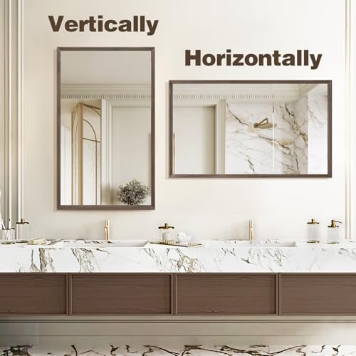 Walnut Wood Bathroom Mirrors for Wall Mounted, 40" x 24" Rectangle Rustic Wood Framed Wall Mirror, Decorative Farmhouse Mirror for Bathroom, Bedroom, Entryway, Horizontally/Vertically - color: Walnut, size: 40"L x 24"W