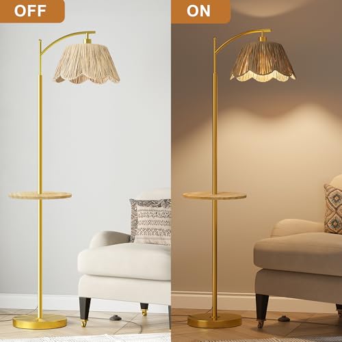 Oneach Floor Lamp with Table for Bedroom, Boho Standing Lamps with Foot Switch, Farmhouse Floor Lamp for Living Room, Arc Rattan Lamps with Gold Metal Base & Pole, Ideal for Home Décor - color: Gold and Wood