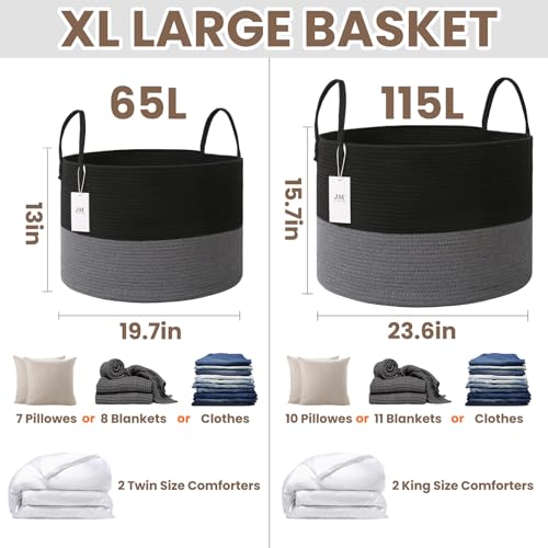 JMvicyroam 65L Extra Large Blanket Basket for Living Room - Woven Cotton Rope Laundry Hamper with Reinforced Handles - Storage Bin for Pillows, Comforters & Toys - Machine Washable,Black&Grey - color: Black&Grey, size: 65L