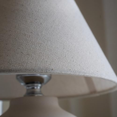 11" Small Table Lamp – Handmade Round Ceramic Cream Base with Off-White Fabric Shade, Dimmable Plug-in Nightstand or Accent Light – Organic Boho Japandi Decor for Bedroom or Small Spaces - color: Soft Linen Fabric Shade