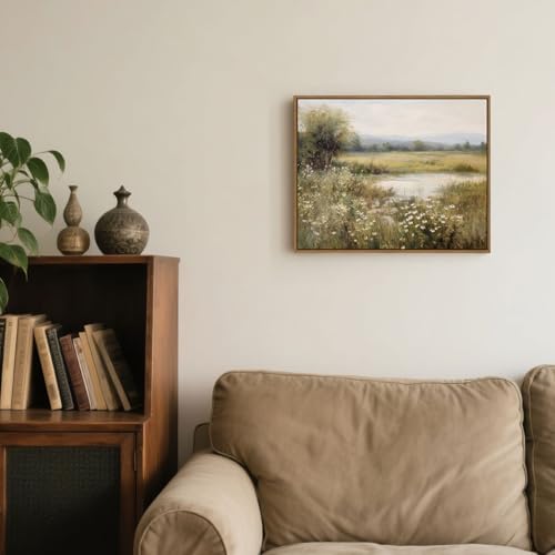 Vintage Landscape Wall Art Spring Wildflower Field Pictures Wall Decor Rustic River Pond Painting Prints Nature Wilderness Scenery Poster Framed for Bedroom Bathroom Home Kitchen Decoration 8x10 Inch - color: Rustic Pond River, size: 10"L x 8"W