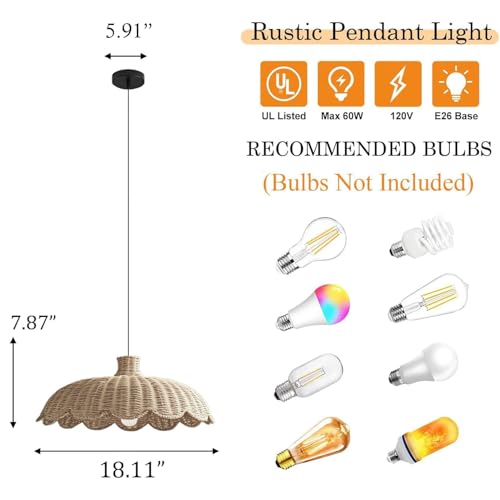 MIXL-Rattan Woven Pendant Light,Scalloped Shade Small Hanging Light,Rustic Kitchen Island Lighting,Boho Style Pendant Lamp for Living Room Bedroom - color: 18.11 Inches