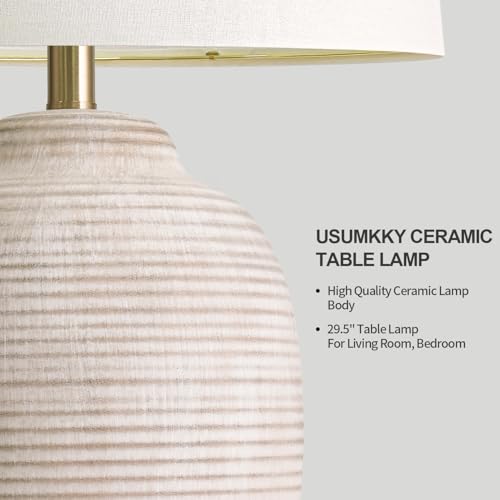 USumkky 29.5" Tall Vintage Ceramic Table Lamp with 5FT Cord - Single Large Rustic Farmhouse Bedside Lamp with Linen Shade & Natural Textured Finish, Nightstand Table Lamp for Bedroom End Table, Beige - color: 29.5" Beige