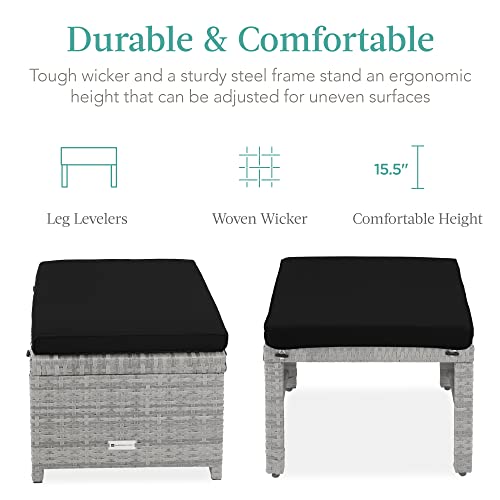 Best Choice Products Set of 2 Wicker Ottomans, Multipurpose Outdoor Furniture for Patio, Backyard, Additional Seating, Footrest, Side Table w/Removable Cushions, Steel Frame - Gray/Black - color: Gray/Black