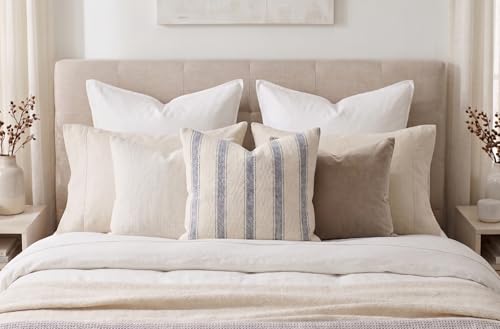 SanVia Cotton Throw Pillow Covers 20x20 – Handwoven Jacquard Texture, Fade-Resistant, No Pilling – Hidden Zipper, Decorative Cushion Cover for Sofa, Couch, Bed – Insert Not Included (Striped, White) - color: Dusty Blue, size: 20" x 20"