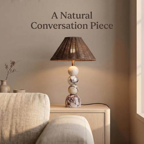 Calacatta Marble Table Lamp with Hand-Woven Rattan Shade, Vintage Stone Lamp with 3 Color Temperatures, Luxury Light for Bedroom Living Room - size: 20.4in