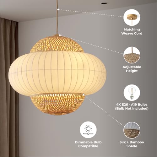 Hikari - Large Japanese Boho-Chic Bamboo 4 Light Pendant Light with Elegant Silk Fabric + Woven Bamboo Shade - Adjustable Hanging Cord for Living Room, Dining, & Kitchen Island, UL Listed - color: Hikari - 4 Light