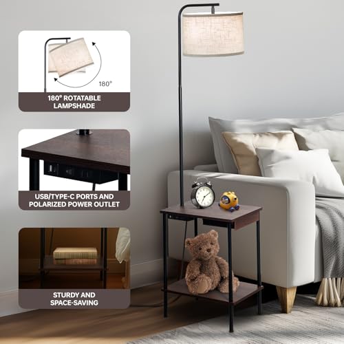 EOEYYOYB Floor Lamp with Table & Drawers, End Table Lamp with USB Charging Portt Power Outlet and Shelves, Side Table Reading Light with 3 Color Temperature Led Bulb Included for Living Room, Walnut - color: Walnut (with Drawer)