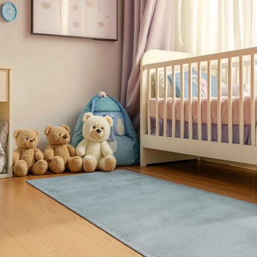 jinchan Solid Plush Runner Rug 2x5 Performance Shaggy Washable Hallway Rug Soft Modern Faux Wool Cozy Non Slip Carpet for Bedroom Laundry Room Living Room Kids Nursery Slate Blue - color: Solid Slate Blue, size: 2' x 5' (Runner)