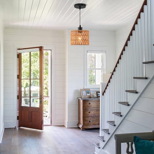 Woven Pendant Light Boho Chandelier, Rattan Pendant Lights Kitchen Island, Farmhouse Pendant Lighting with Hand Woven Wicker Shade, Boho Chandelier Light Fixtures Ceiling Hanging Light - color: 3 Pack Brown