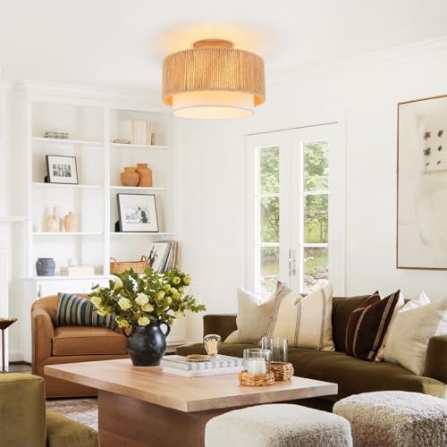 SineRise 12'' Rattan Flush Mount Ceiling Light Fixture,2-Tier Drum Hand-Woven Boho Flush Mount Ceiling Light,Farmhouse Light Fixture for Living Room,Kitchen,Bedroom Foyer Entryway ect. - color: Gold, size: Small Ceiling