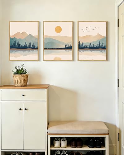 KUVIOKE Mountain Landscape Framed Wall Art Watercolor Nature Laker Painting Sun Rises Boho Farmhouse Rustic Home Decor 12x16in (Natural Framed) - color: Laker and Mountain, size: 12 x 16in x 3 Panels Natural