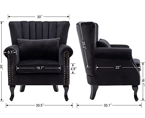 Kmax Black Accent Chair Velvet Wingback Chair with Pillow Nail-Head Channel Tufted Oversized Club Chair for Living Room Bedroom Guest Room - color: Black