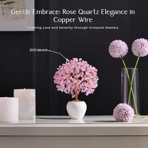 Rose Quartz Stone Chakra Crystal Tree Money Tree Feng Shui Gemstone Tree of Life with Pot Base, Good Luck Tree Christmas Home Office Desk Crystal Decor Ornaments, for Emotional Healing, Heart Chakra - color: Rose Quartz Copper Wire