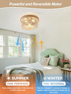 20" Boho Ceiling Fan with Light, Coastal Flush Mount Fandelier Ceiling Fans with Lights and Remote Control,Enclosed Beaded Caged with 6 Speeds for Bedroom Nursery Living Room