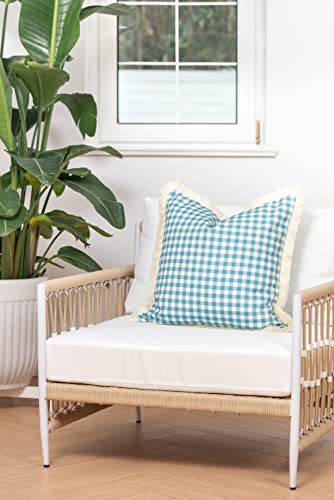 Hofdeco Premium Coastal Hampton Style Patio Indoor Outdoor Pillow Cover Only, 20"x20" Water Resistant for Backyard, Couch, Baby Blue Gingham Fringe - color: Baby Blue Plaid 20"x20", size: 20" x 20" (Pack of 1)