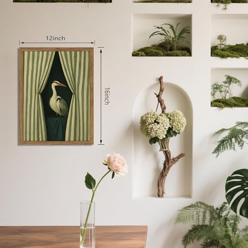 Framed Bird Wall Art, Elegant Heron Canvas Print, Vintage Coastal Bird Wall Decor, Abstract Heron Painting, Striped Curtain Picture Poster Artwork for Living Room Bedroom 12x16 inch - color: Elegant Heron, size: 16"L x 12"W