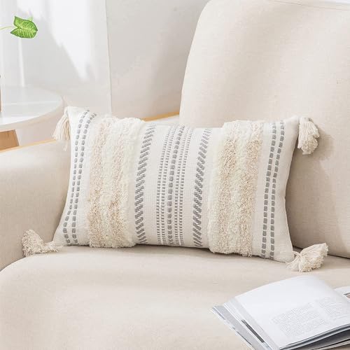 decorUhome Summer Decorative Boho Throw Pillow Cover 12x20, Lumbar Accent Neutral Textured Tufted Pillow Cover Striped for Couch Bed Sofa, Beige and Cream White, Pack of 1 - color: Beige and Cream White, size: 20" x 12" (Pack of 1)